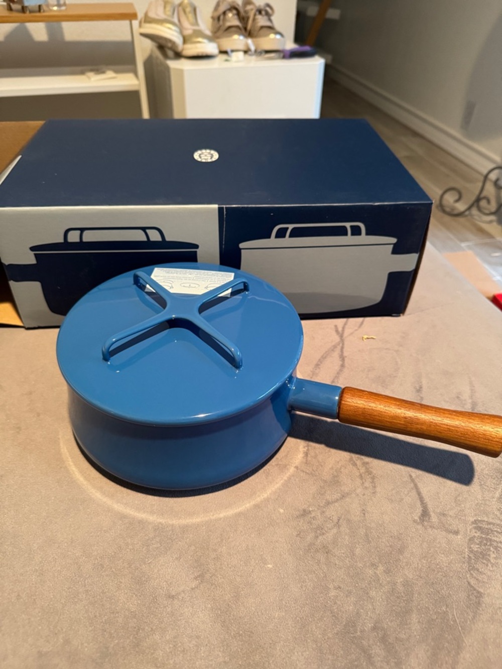 Dansk Blue Enamel Saucepan with Teak Handle